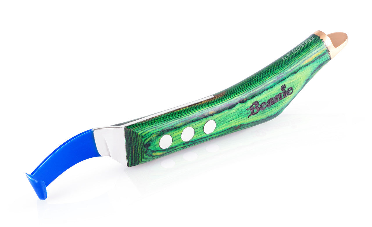 Beanie Wide blade hoof knife ships with a protective blue coating on the blade